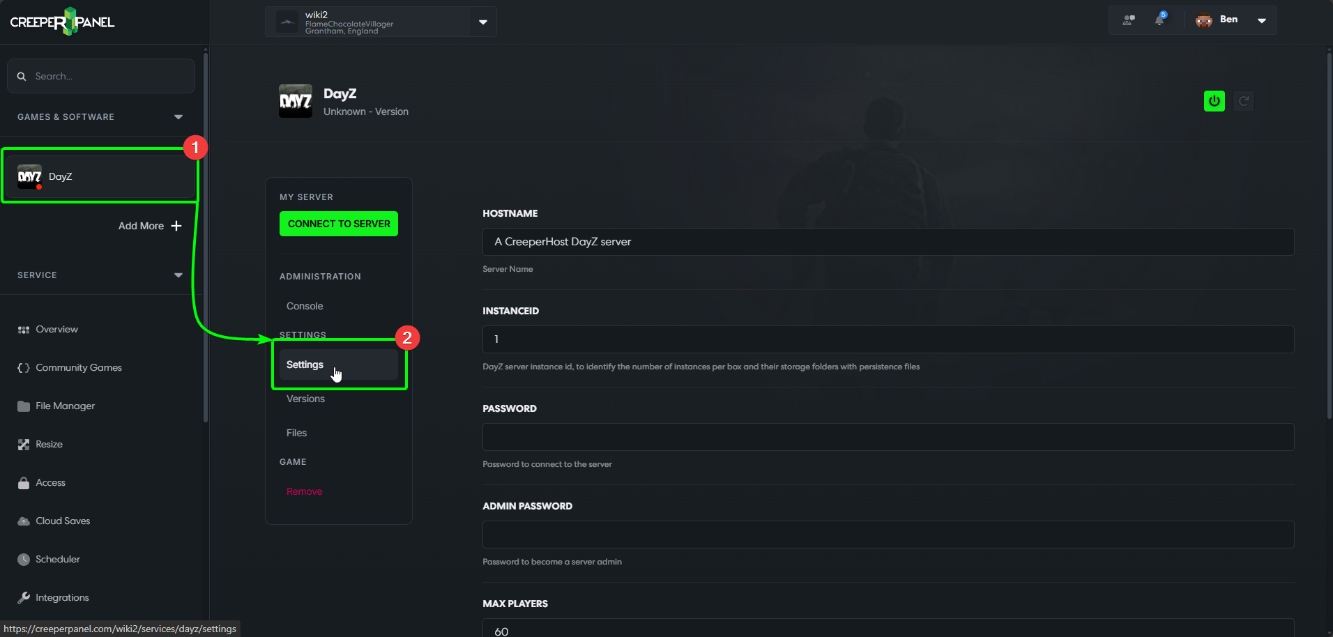 CreeperPanel DayZ Managing Select Settings