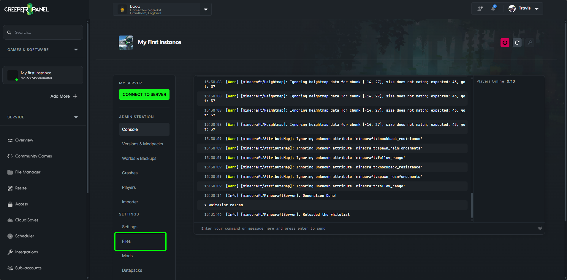 CreeperPanel Minecraft Entity Error Forge Open File Manager