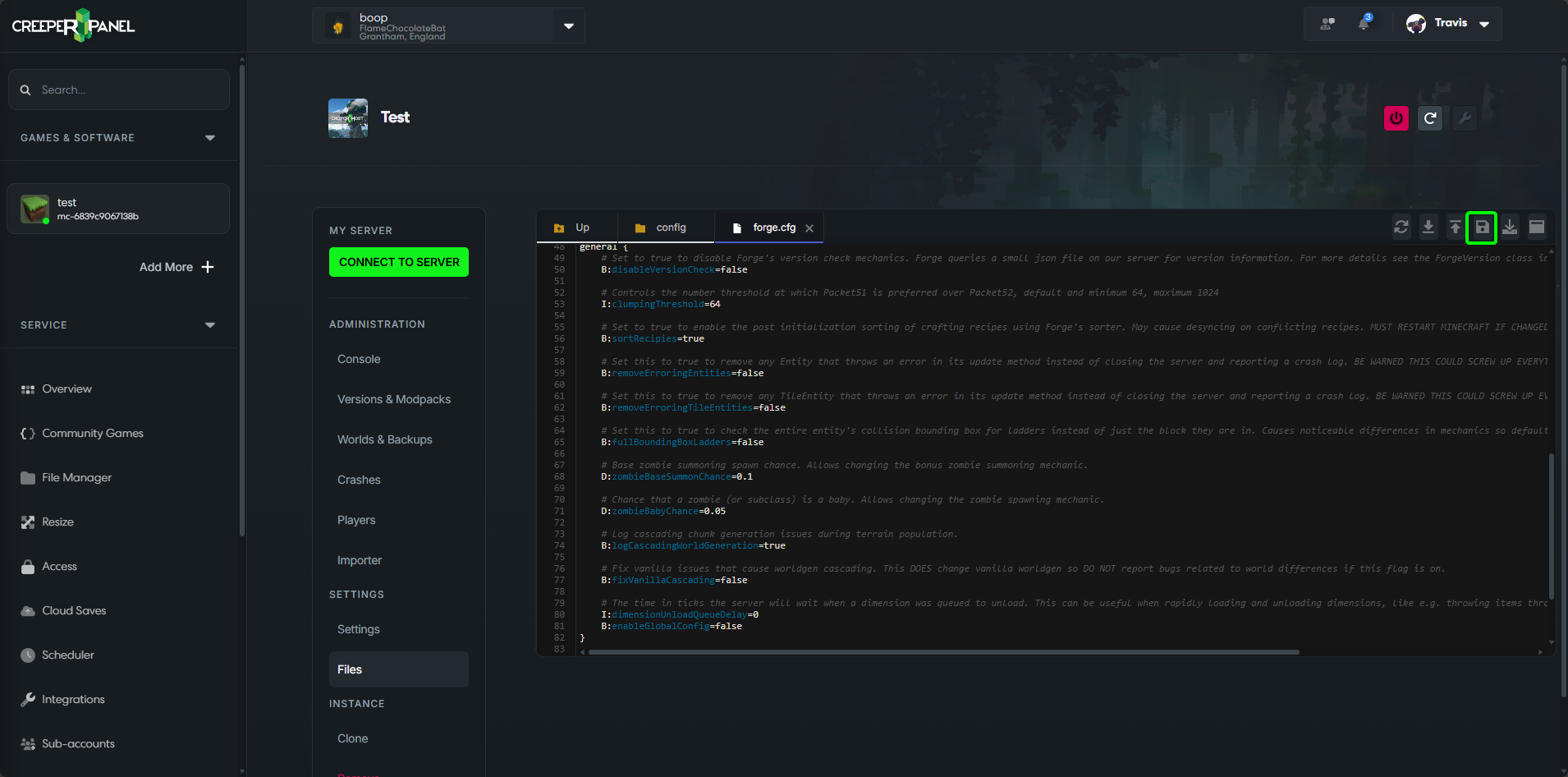 CreeperPanel Minecraft Entity Error Forge Save Changes