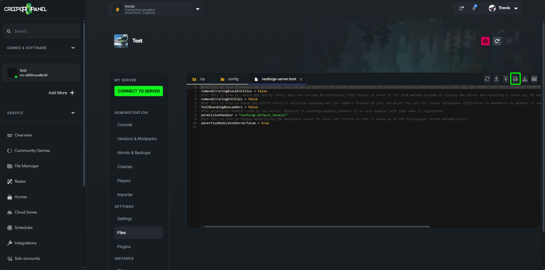 CreeperPanel Minecraft Entity Error NeoForge Save Changes