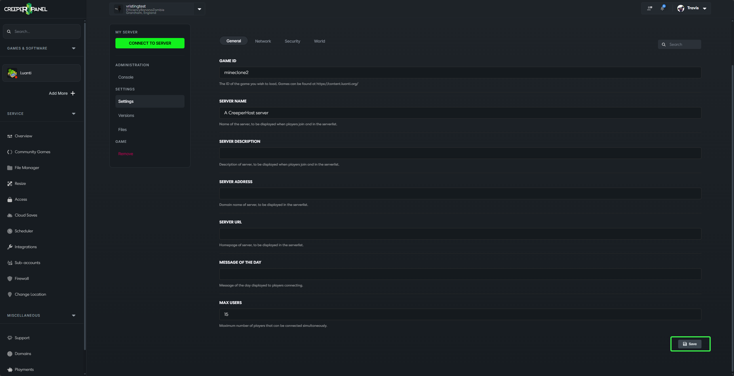 Luanti Install Games CreeperPanel Save Changes