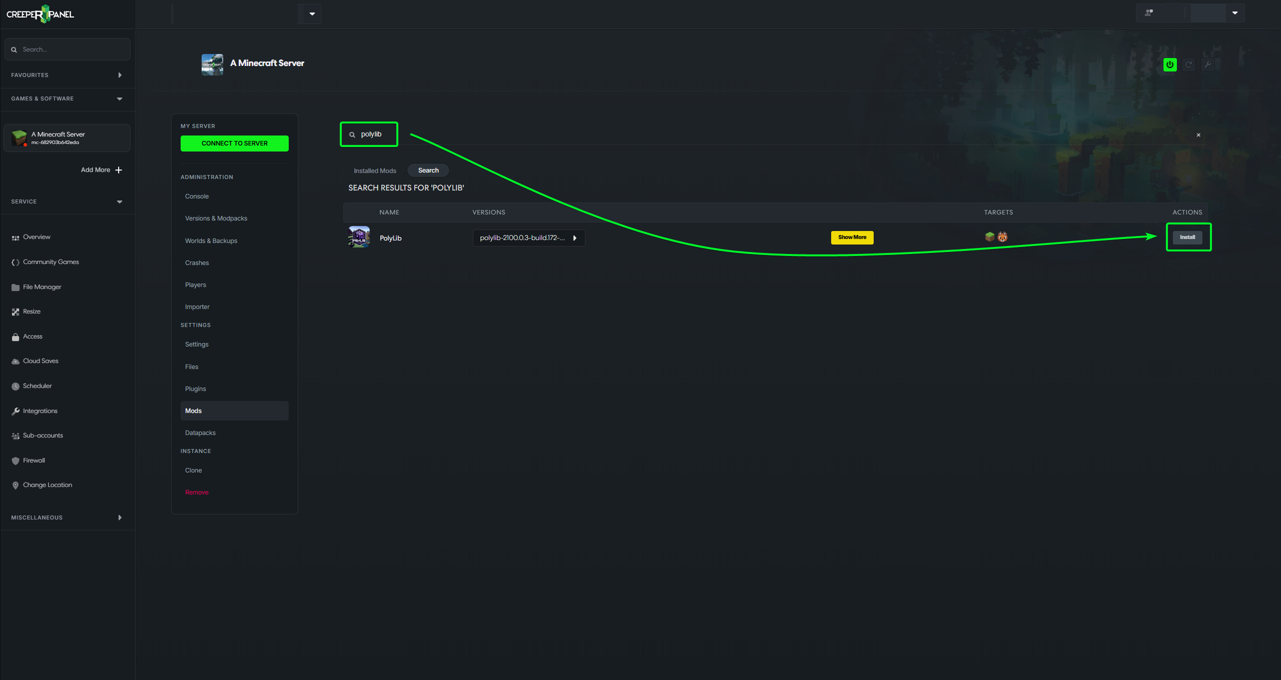 Mod selection page showing available versions and install button