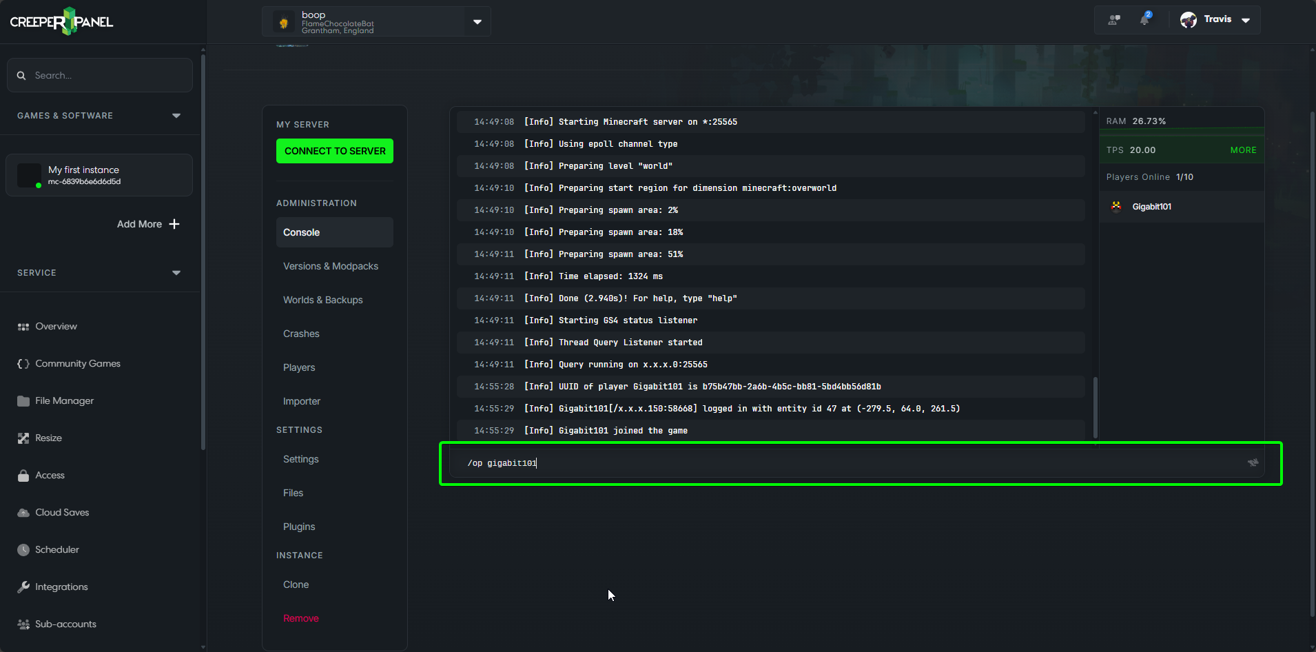 CreeperPanel OP Entering Console Command