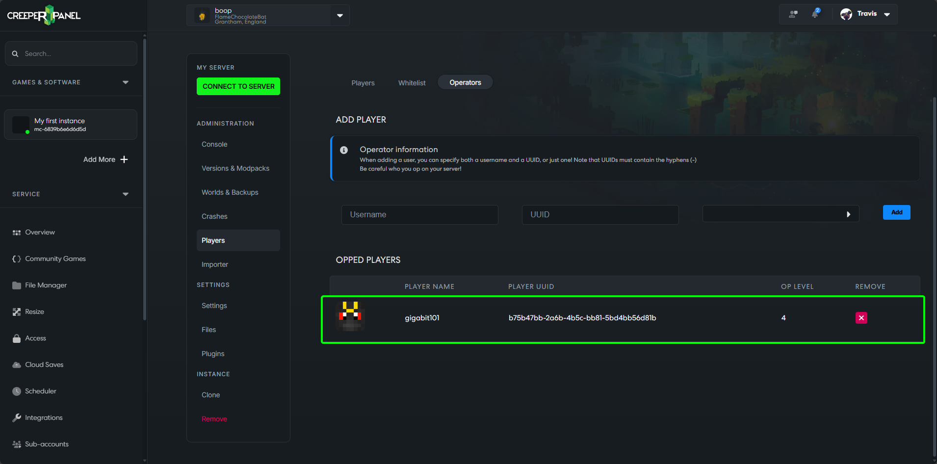 CreeperPanel OP Username Added