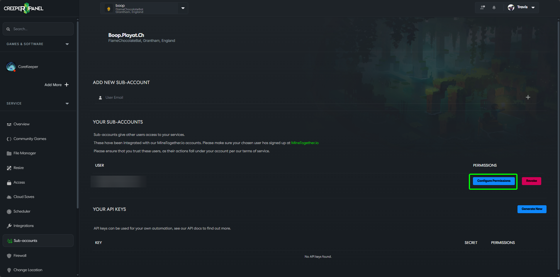 CreeperPanel Sub-accounts Configure Permissions