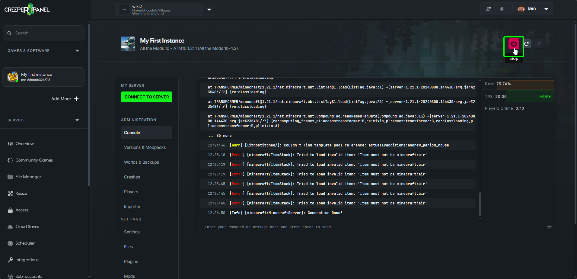 Minecraft: Java Reset World CreeperPanel Power Off