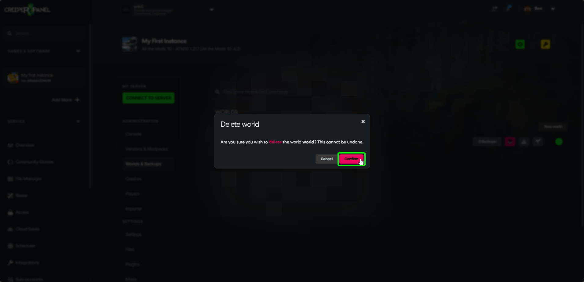 Minecraft: Java Reset World CreeperPanel Confirm