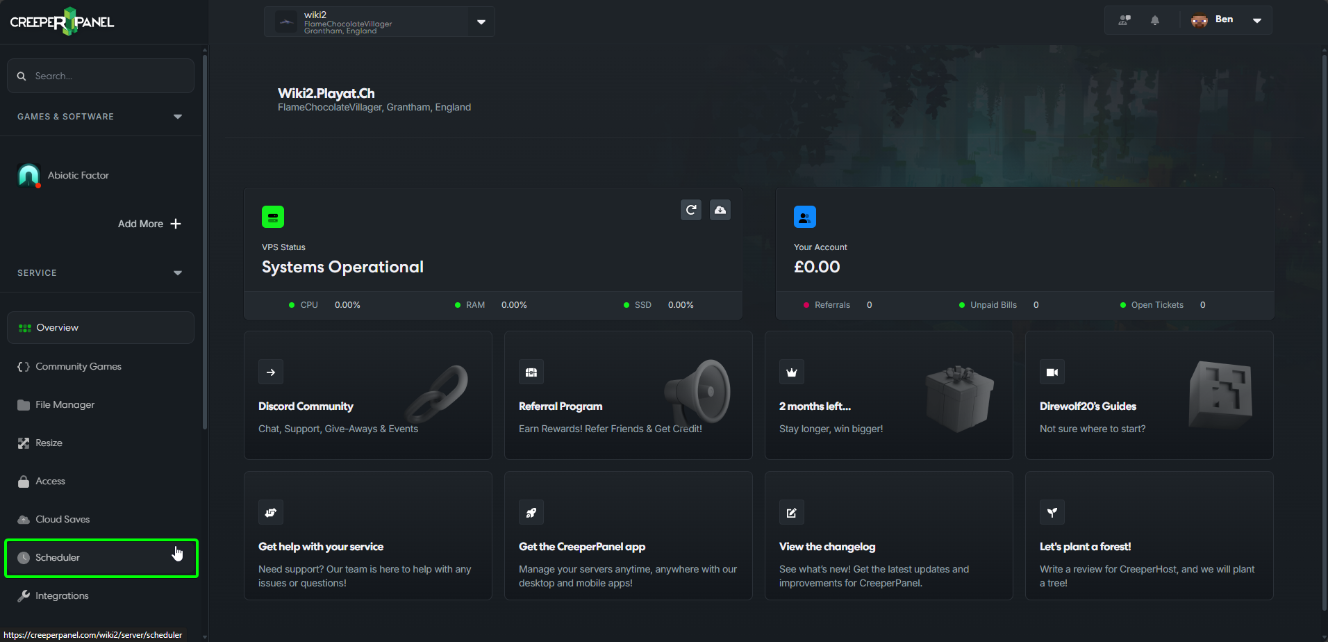 CreeperPanel Scheduler Select Scheduler