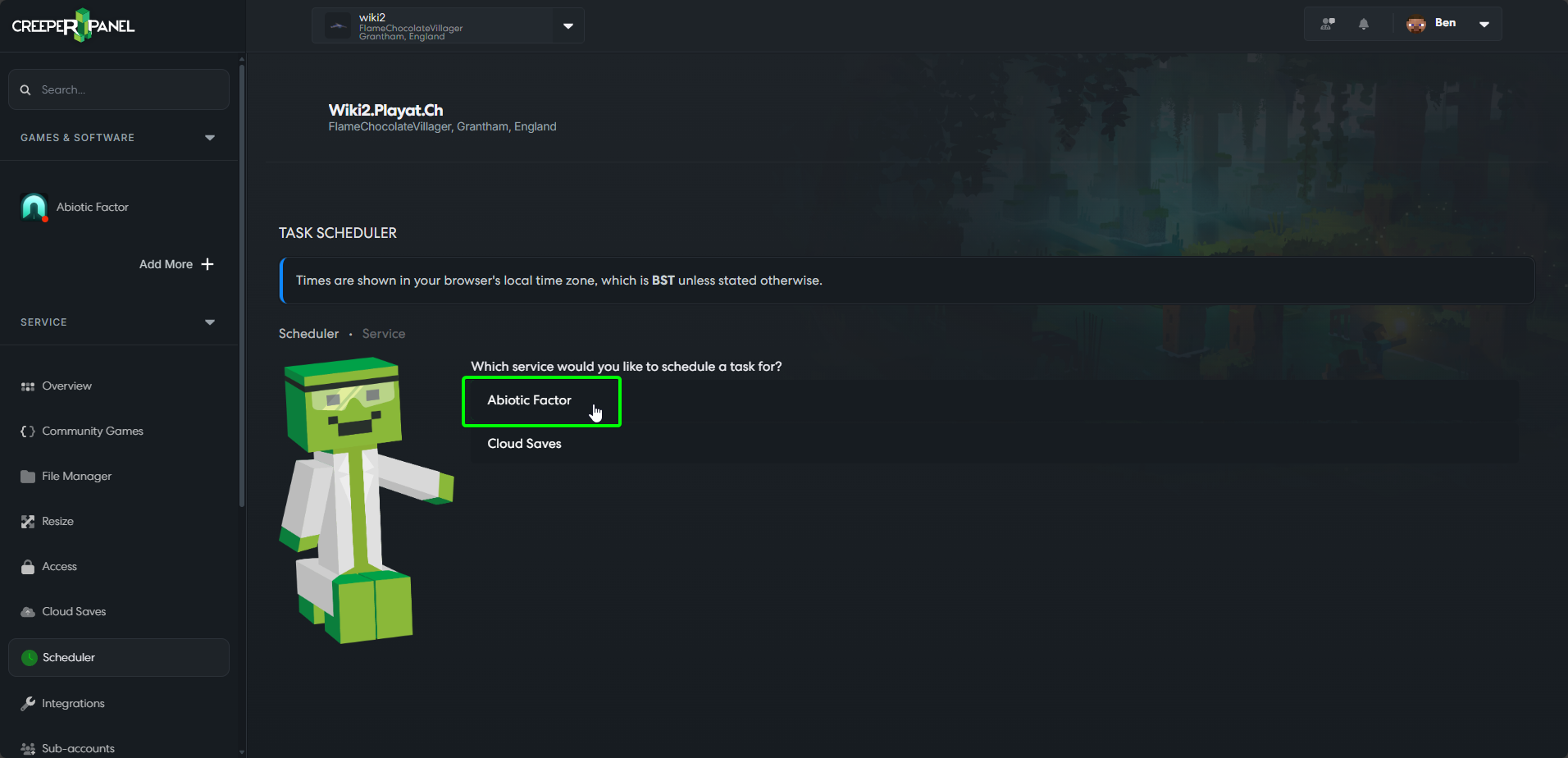 CreeperPanel Scheduler Select Application