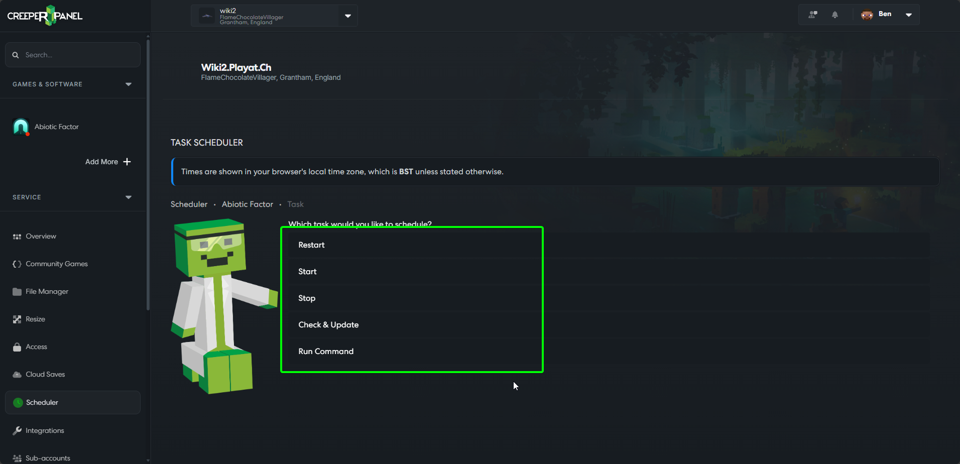 CreeperPanel Scheduler Select Task