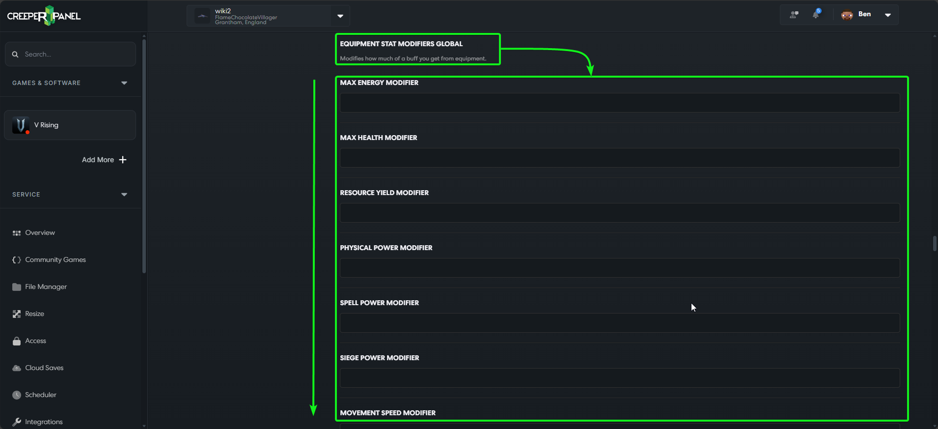 CreeperPanel VRising Settings