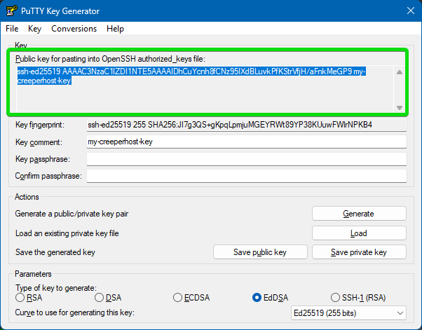 PuTTY Key Generator Copy Key
