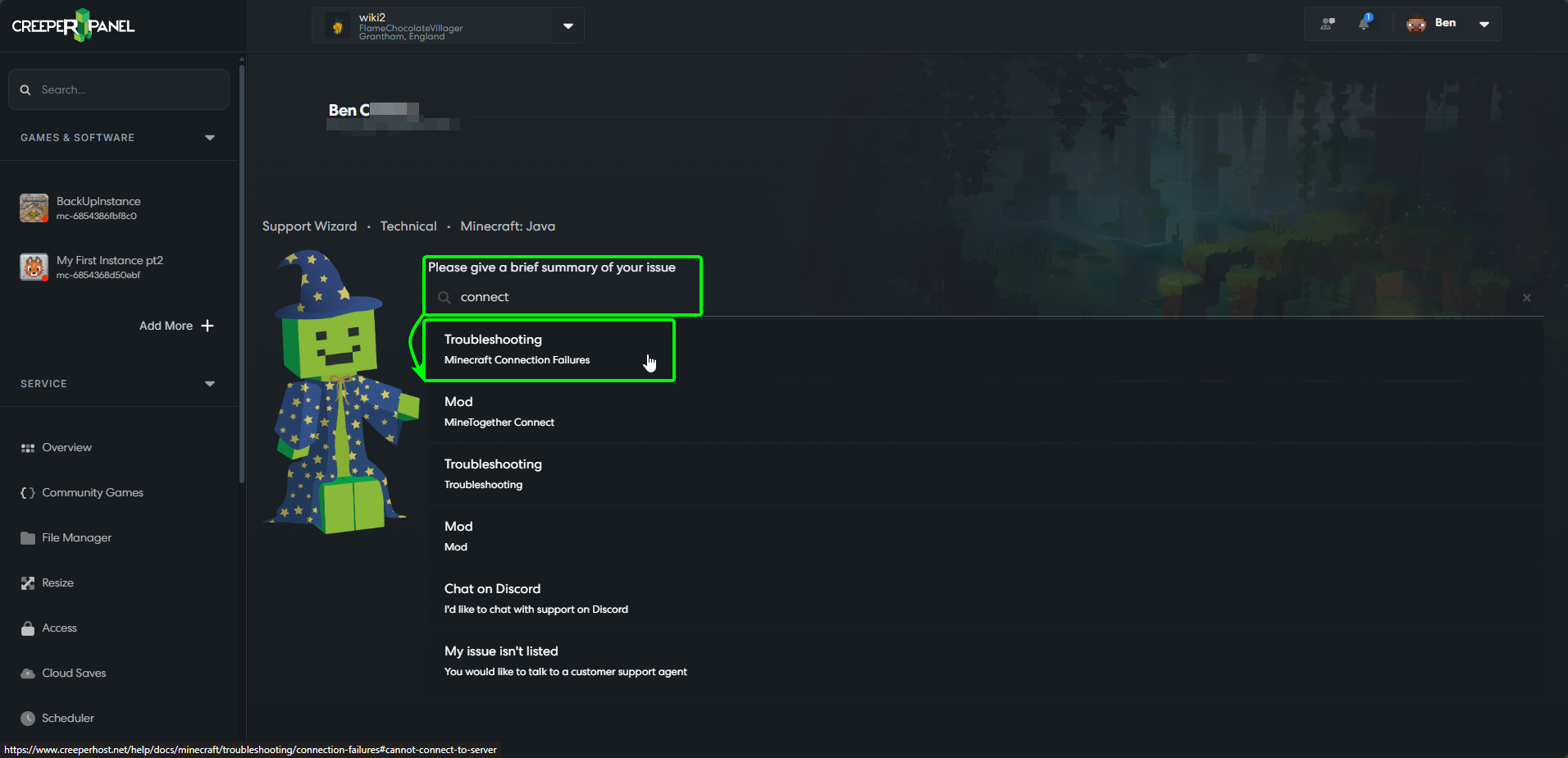 CreeperPanel SupportWizard Technical Issue Categories