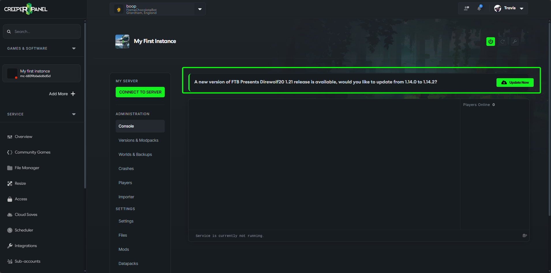 CreeperPanel Update Instance Update Button