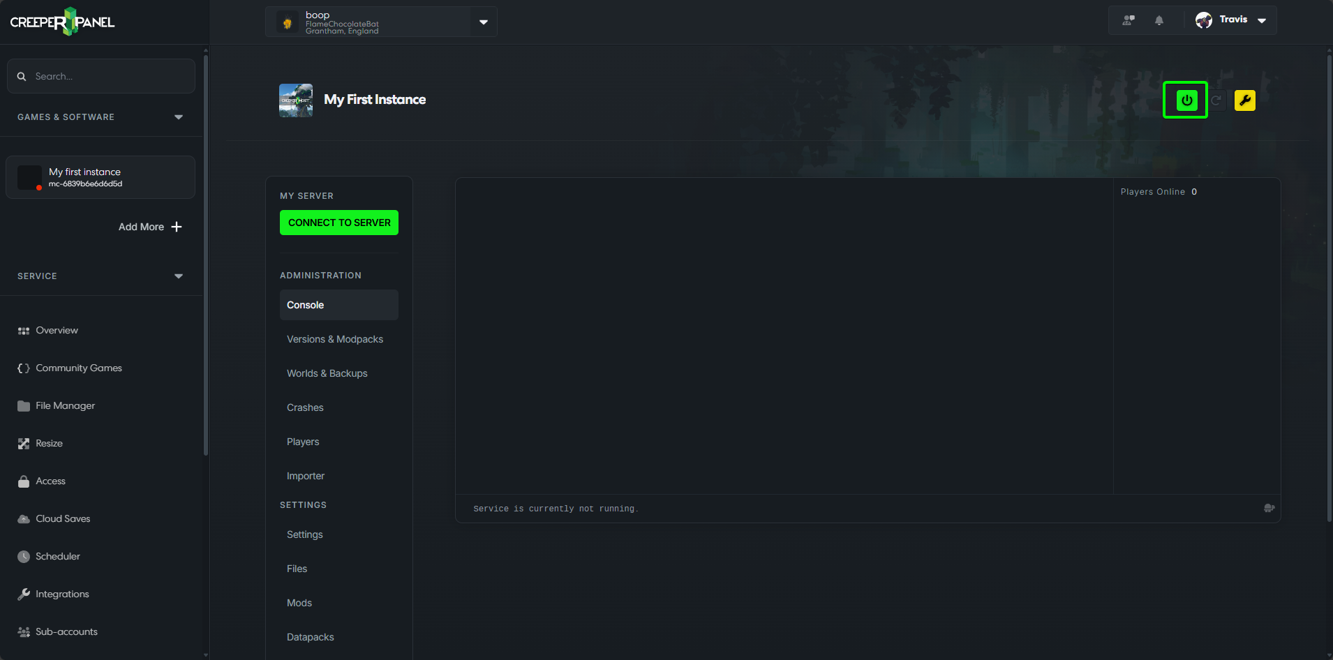 CreeperPanel Update Instance Start Updated Server
