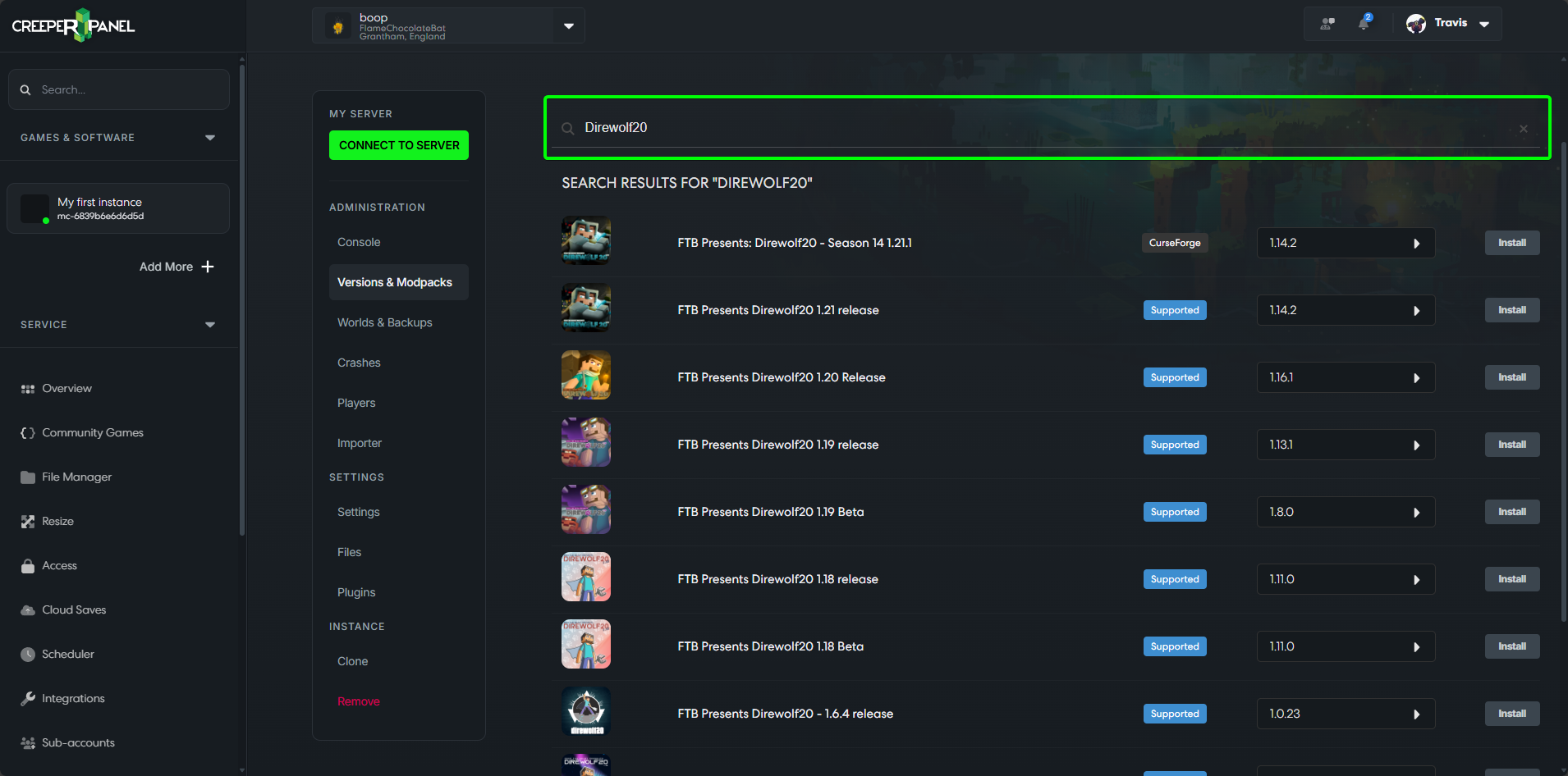 CreeperPanel Update Instance Search Versions