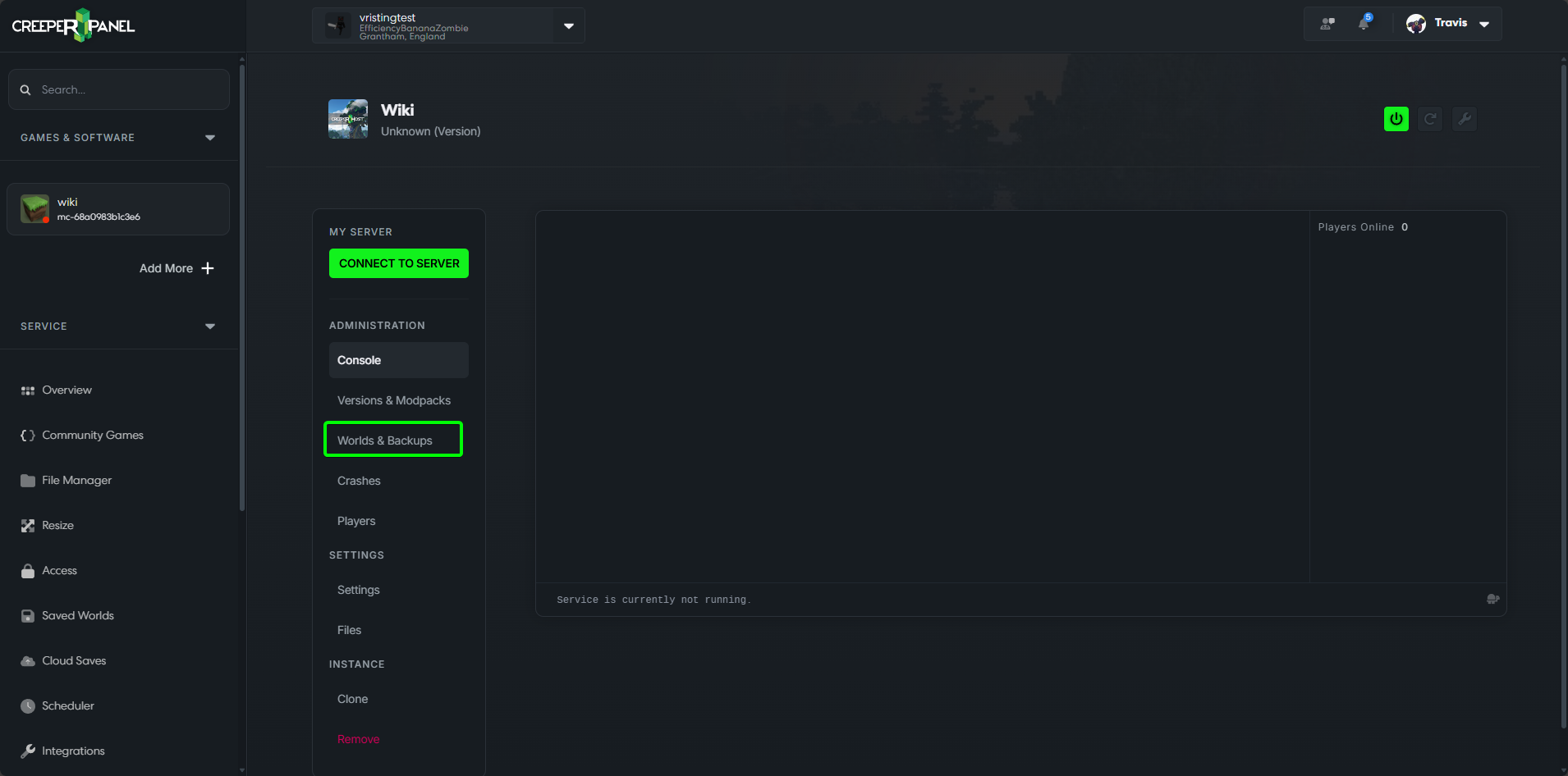 CreeperHost panel showing the Worlds & Backups option in the navigation menu